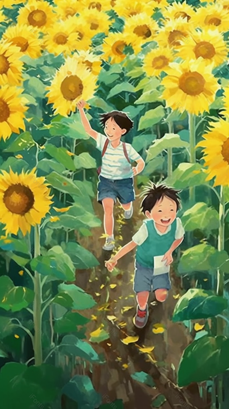 阳光照射下两位小男孩奔跑着向日葵花丛中,插画/手绘图,插画/手绘图库,插画/手绘图下载,插画/手绘